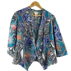 Chicos Floral Paisley Open Front Linen Jacket size 1 Medium 8